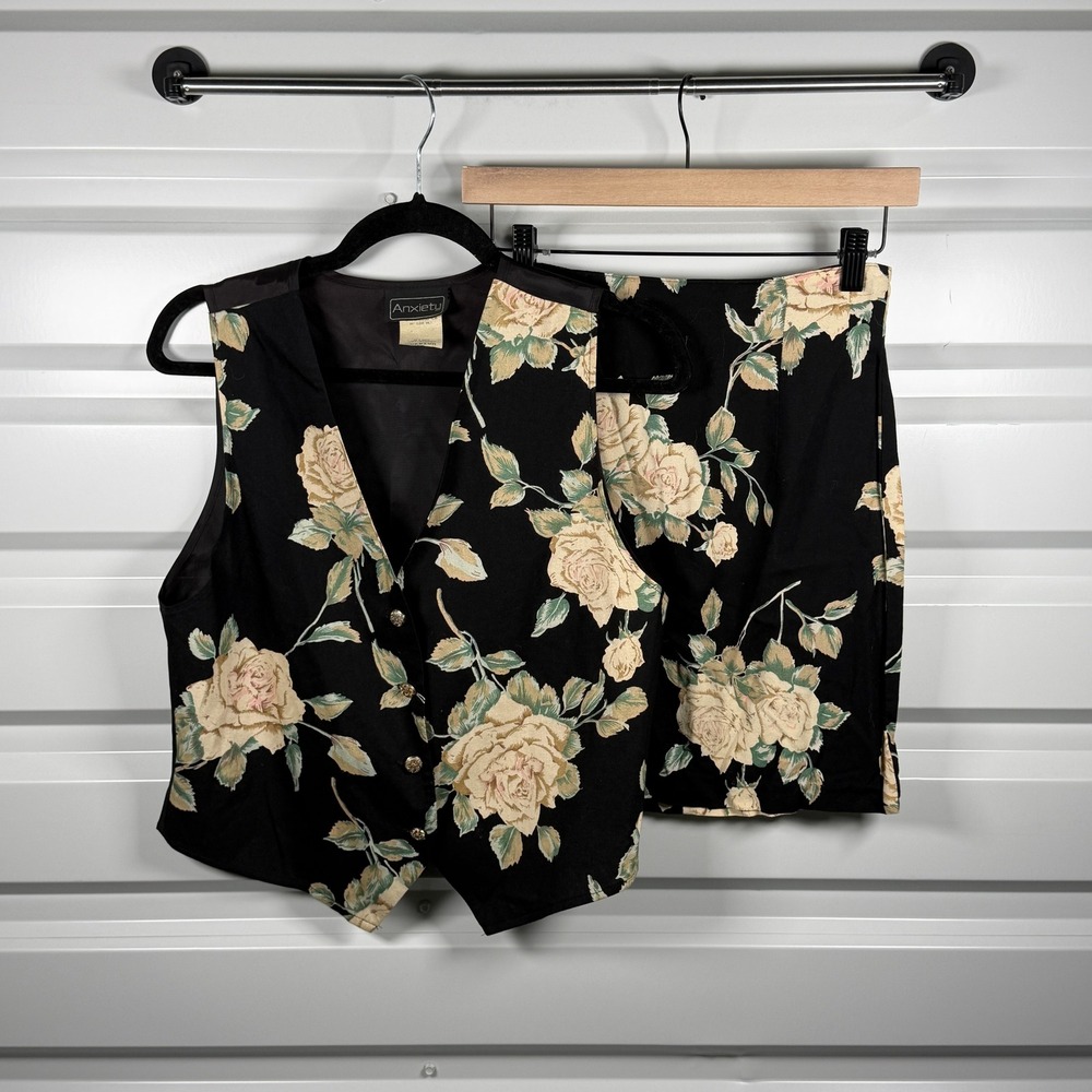 Anxiety Vintage 90s Floral Vest and Mini Skirt Set Black Yellow Rose Rayon Med 7